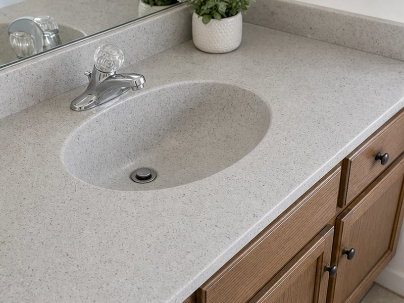 Refinished stone-look vanity countertop after resurfacing in a Cambrian Park home, San Jose