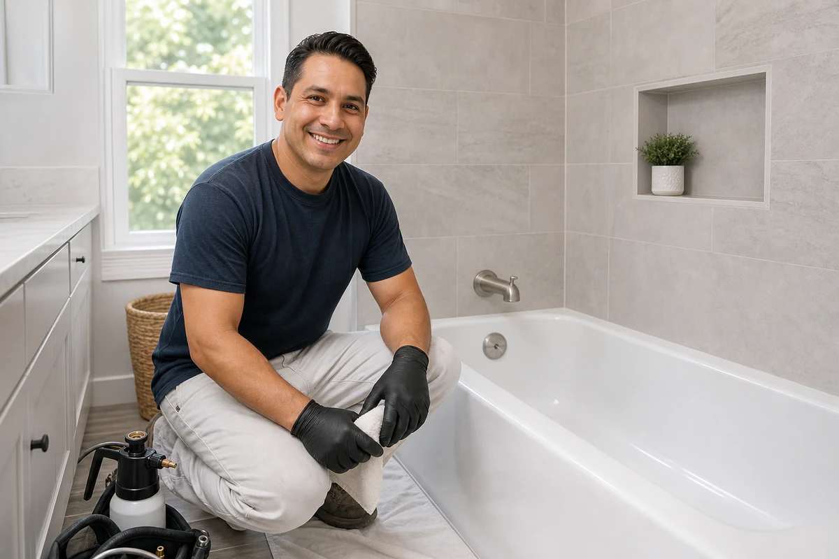 Reglazing technician beside a freshly refinished white tub in a San Jose bathroom
