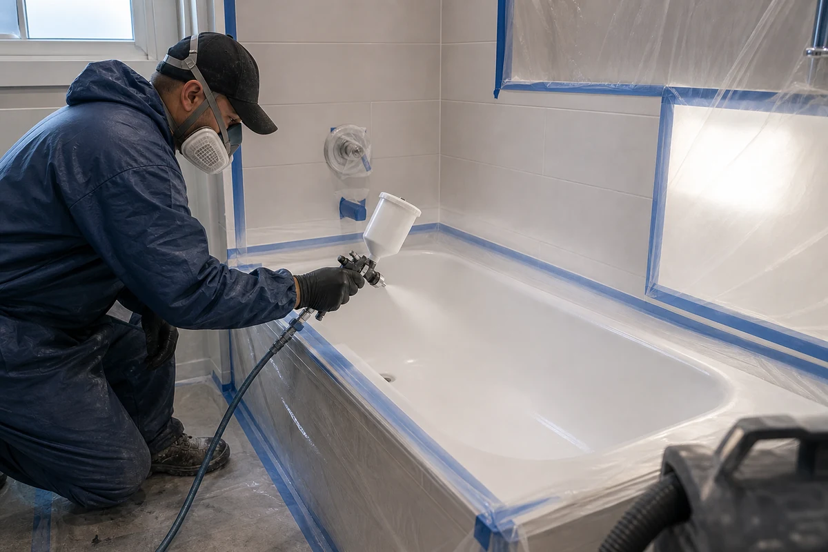 Technician spraying an even acrylic-urethane topcoat onto a masked bathtub in San Jose