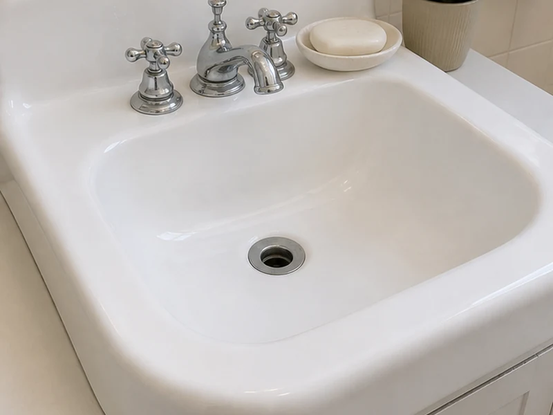 Smooth white reglazed porcelain bathroom sink after refinishing in a Naglee Park home, San Jose