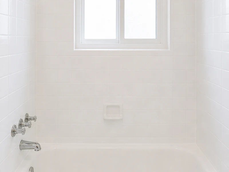White reglazed tub-surround tile after refinishing in an Almaden Valley home, San Jose