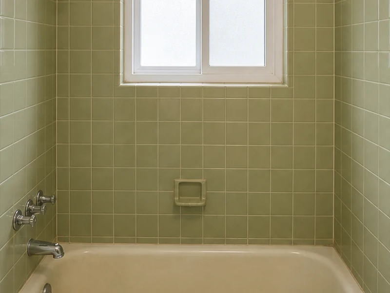 Dated avocado-green tub-surround tile before reglazing in an Almaden Valley home, San Jose